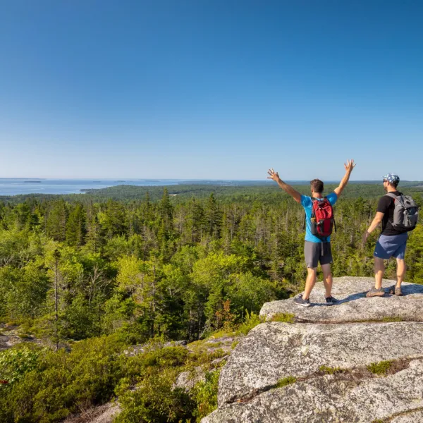 Image show two people at the top of Castle Rock Trails overlooking forest and ocean in the distance.