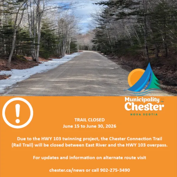Image shows a portion of the chester connection trail with the municipal logo and closure notice