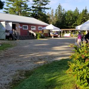 Photo of the front of the Hubbards Barn Farmers' Market with gardens, tents, people walking and the Hubbards Barn