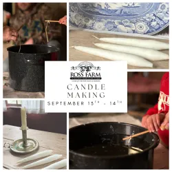 Collage of candle making, melting wax, dipping, and drying finished candle
