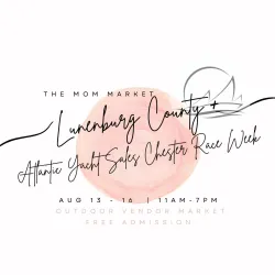 Logo of the Mom Market, cursive script spelling our The Mom Market Luneburg County with a pink circle background