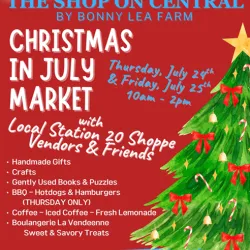 Poster with a red background and a christmas tree with the worked Christmas in July Market