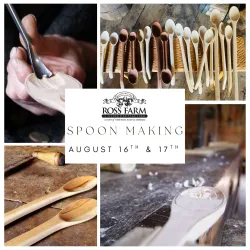 Collage of spoon making, carving, sanding, oiling, and finishing.