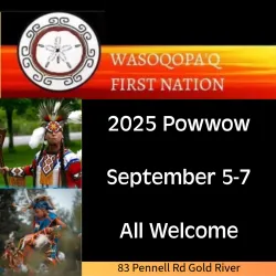 Poster with a black background, indigenous dancers, and dates of Wasoqopa'q Powwow