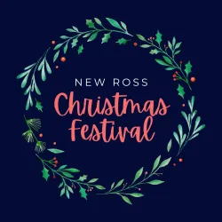 Picture of the words New Ross Christmas Festival inside a wreath with a dark blue background