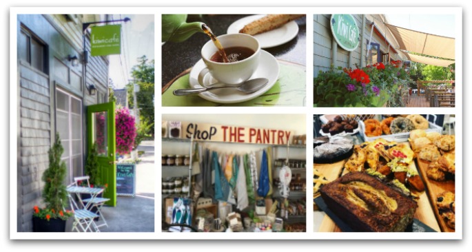 Collage of images showing exterior of The Kiwi Cafe with the green door open and pink flowers hanging; a cup of tea being poured from a green kettle, tea towels and more in the pantry shop; the sheltered deck with flowers; and baked goods