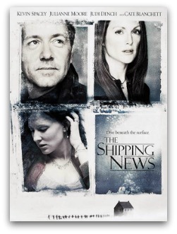 unsaturated grid of the actors Kevin Spacey, Julianne Moore, and Cate Blanchet with "The Shipping News" written in the bottom right corner.
