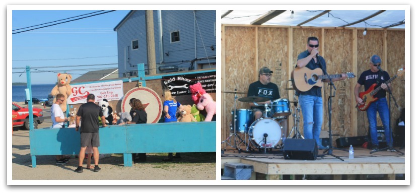 Stall with stuffed animal prizes with the ocean in the background. Other photo is of a band of three singing, playing the guitar, bass, and drums on a wood stage.